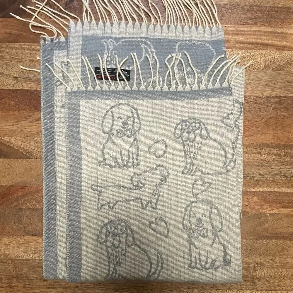 Fringed Shawl Scarf with Cat and Dog Design 74” x 26”